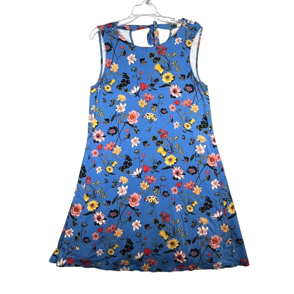LOFT Women's Blue Floral Sleeveless Tie Back Dress Size L Large Rayon Blend